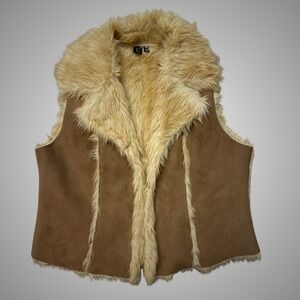 Capri Womens Brown Faux Suede Fur Trim Vest Large Collared Shearling Style